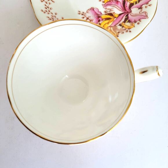 Vintage Queen Ann Teacup Saucer Orchids Pink Yellow Bone China Cottagecore - Picture 4 of 10